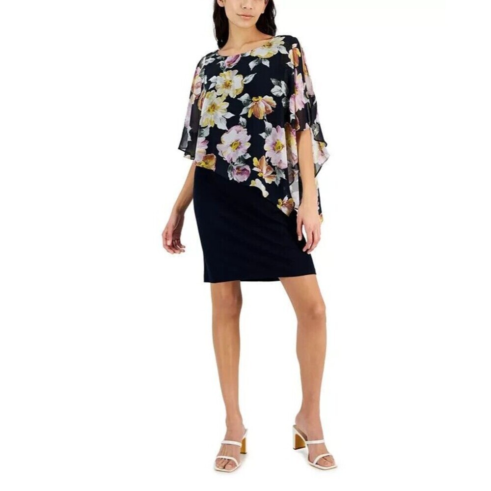 Connected Women's Plus Size Floral-Print Cape-Sleeve Dress Navy Plum 18W